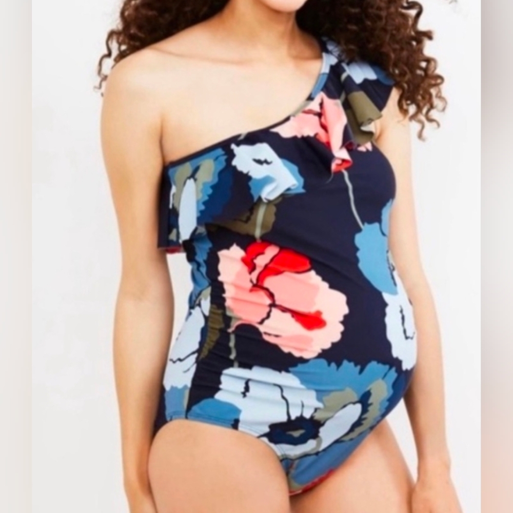 Motherhood Maternity‎ 1-Shoulder Swimsuit Blue Pink Floral Bathinsuit Sz L *NWOT